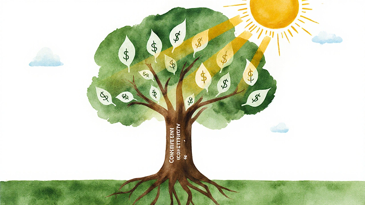 Abstract tree with dollar leaves growing from roots labeled &#039;Consistency&#039; and &#039;Time&#039;.