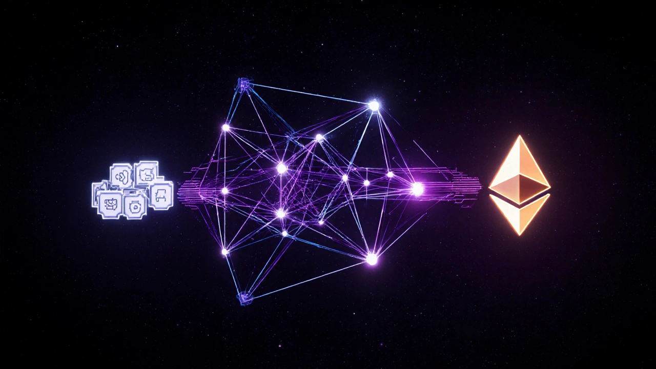 Abstract zero-knowledge proof lattice glowing with encrypted data, verified by an Ethereum smart contract.