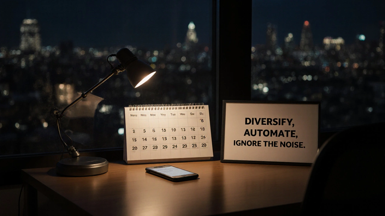 An empty office at night with a calendar, phone, and quote about disciplined investing.