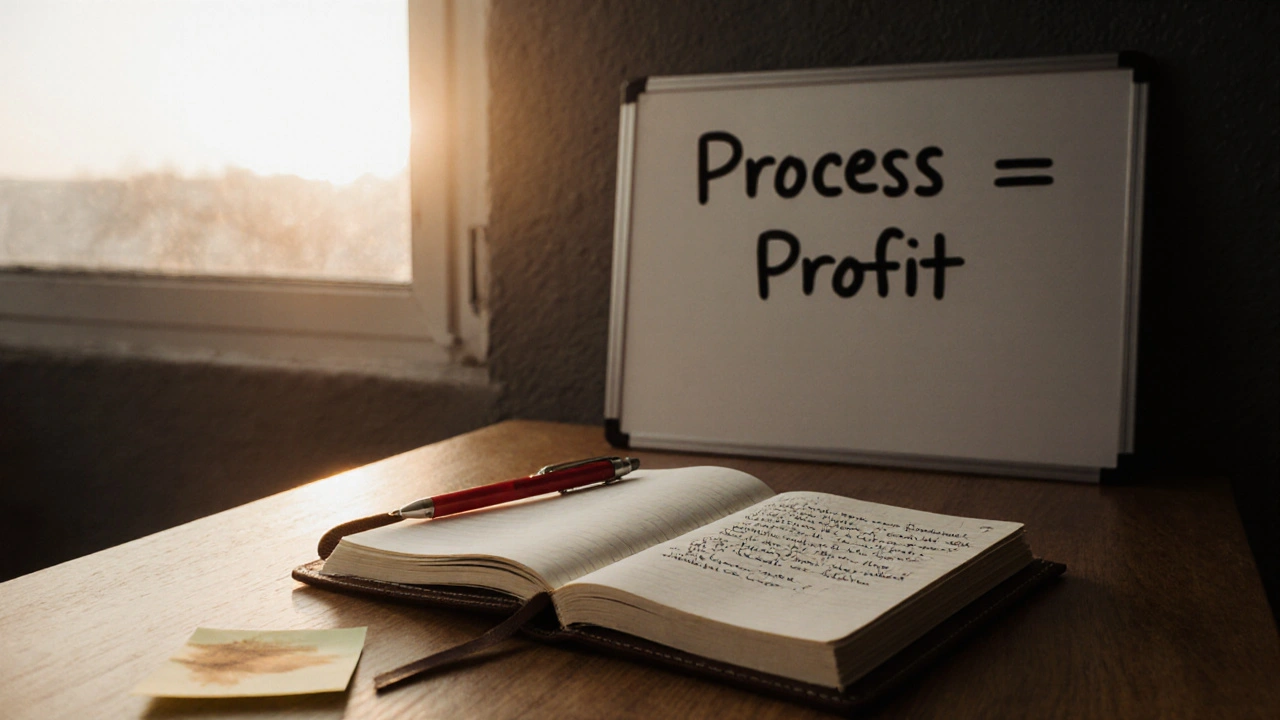 An open trading journal with handwritten notes and a sticky note reading &#039;Process &gt; Profit&#039; on a wooden desk at sunrise.