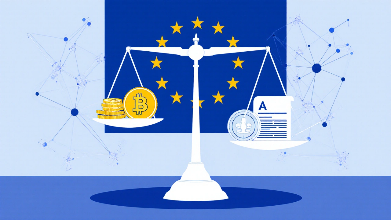 Balanced scale representing EU&#039;s MiCA crypto regulation with tokens and licensed entities.