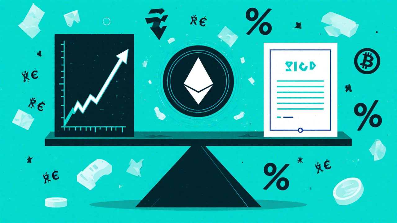 Balancing Ethereum price and futures charts to maintain a stablecoin&#039;s value with yield indicators.