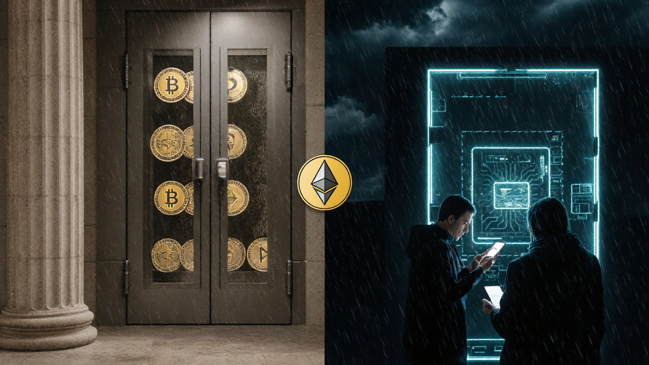 Contrast between a bank vault holding USDC and a decentralized crypto vault with smart contracts.