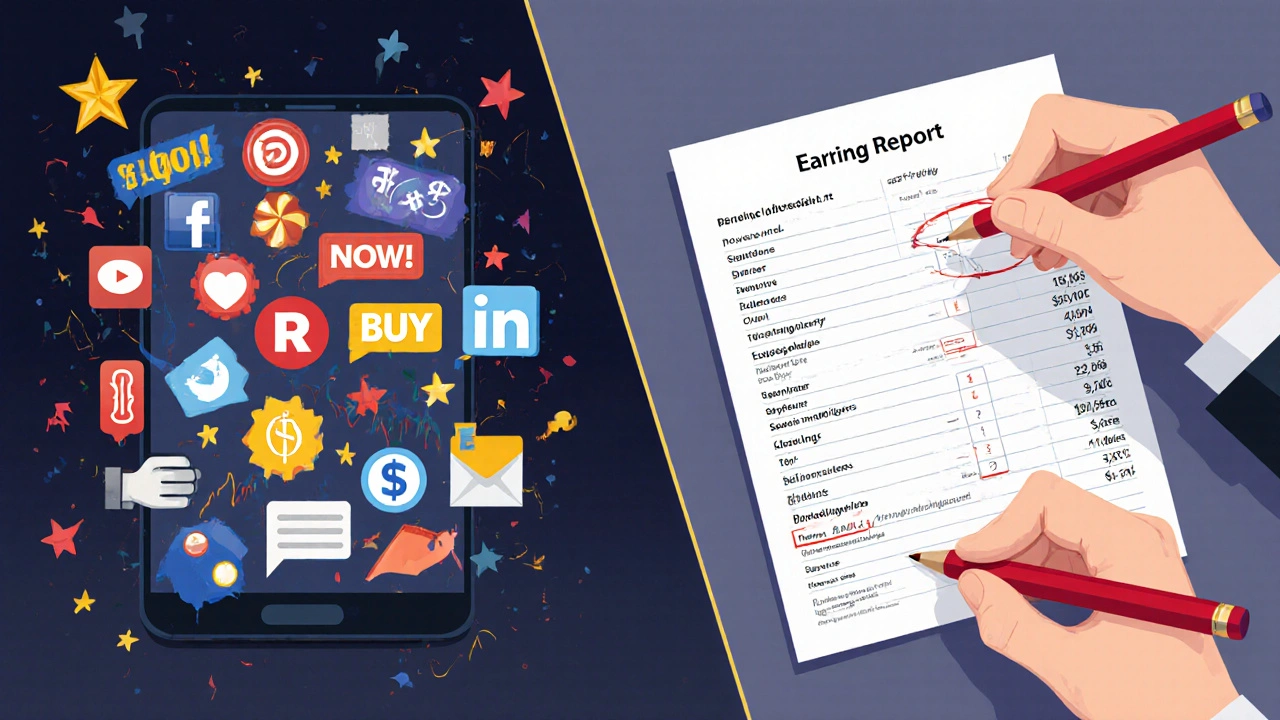 Contrast between chaotic social media stock alerts and a calm trader analyzing earnings reports.