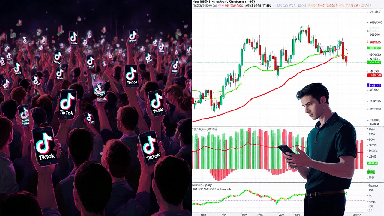Contrasting scenes: chaotic meme stock frenzy on one side, calm technical analysis on the other.