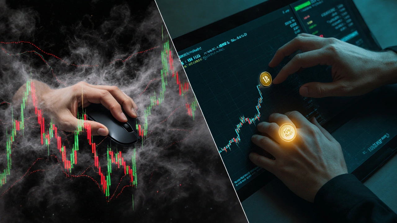 Contrasting scenes of chaotic trading versus calm, disciplined decision-making with symbolic risk and reward.