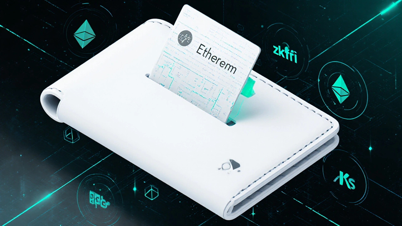 Digital wallet transferring ETH between Ethereum and zk rollup with DeFi apps operating smoothly in background.