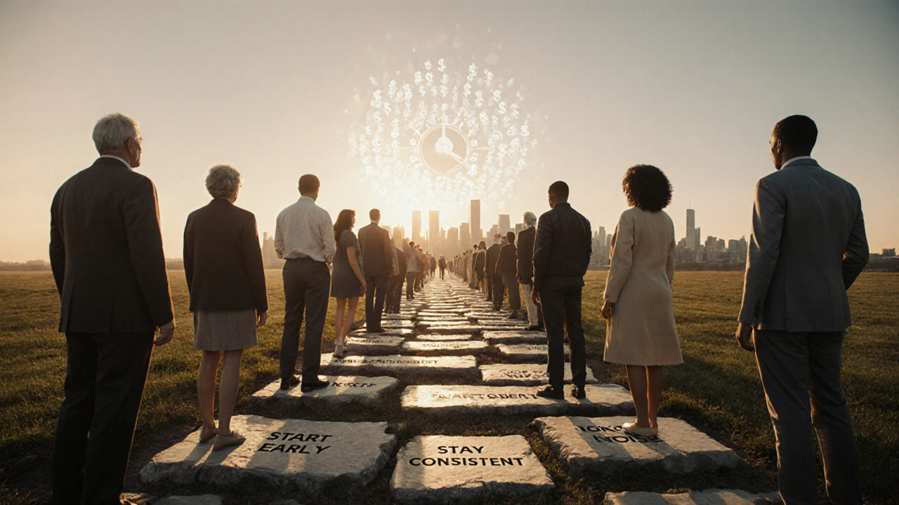 Diverse individuals walking a path of investing principles toward a glowing city skyline with a melting clock of financial time.