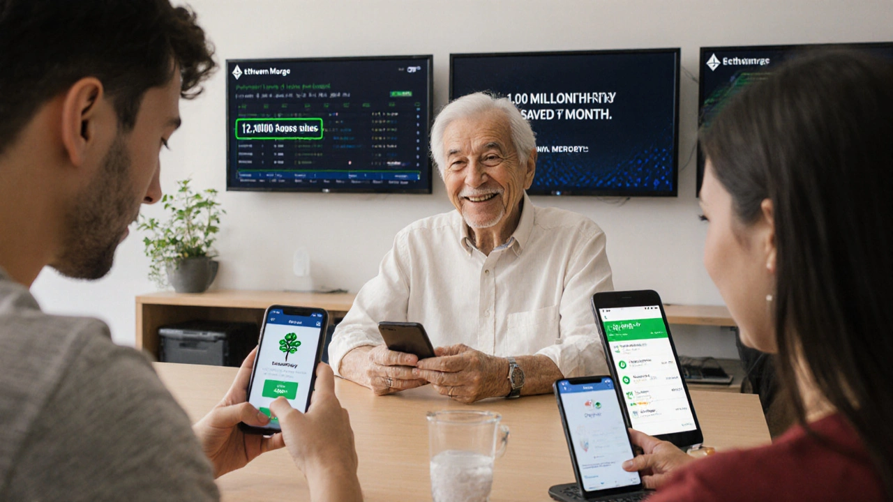 Diverse people using devices to make DeFi swaps with green energy badges, a growing tree icon beside transaction history.