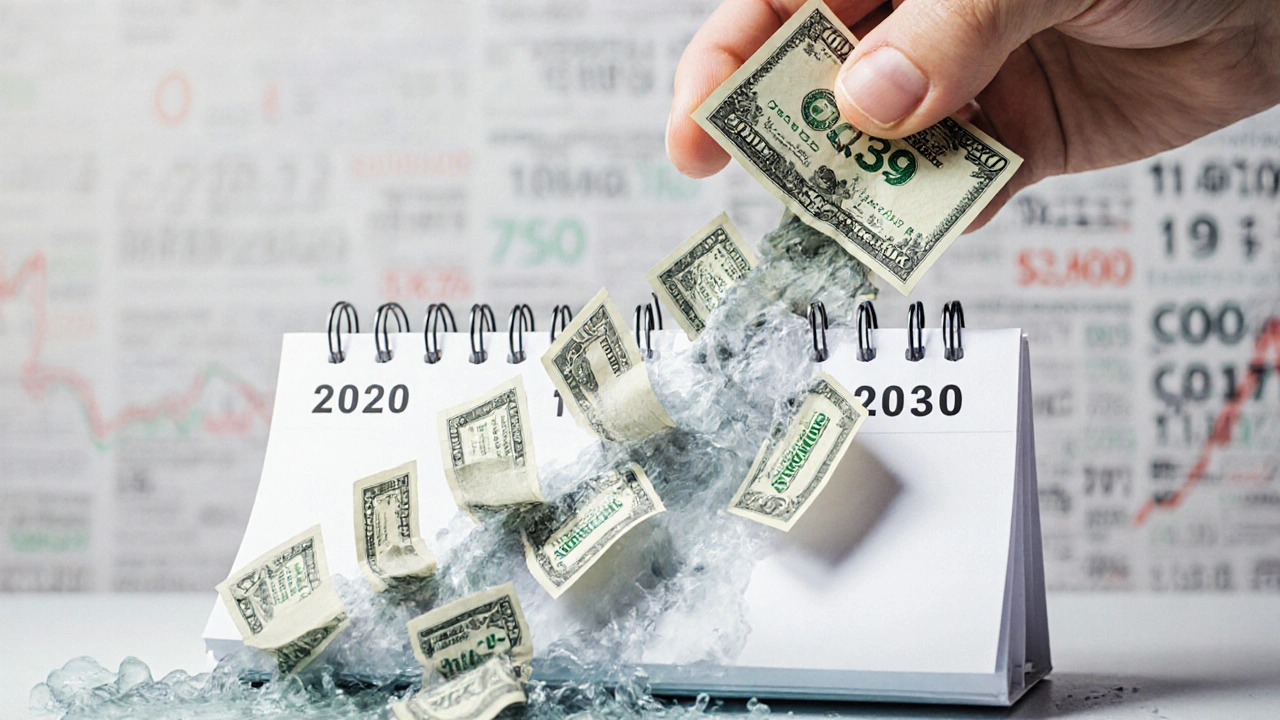 Dollar-cost averaging shown as steady money flowing upward over a decade, ignoring market noise.
