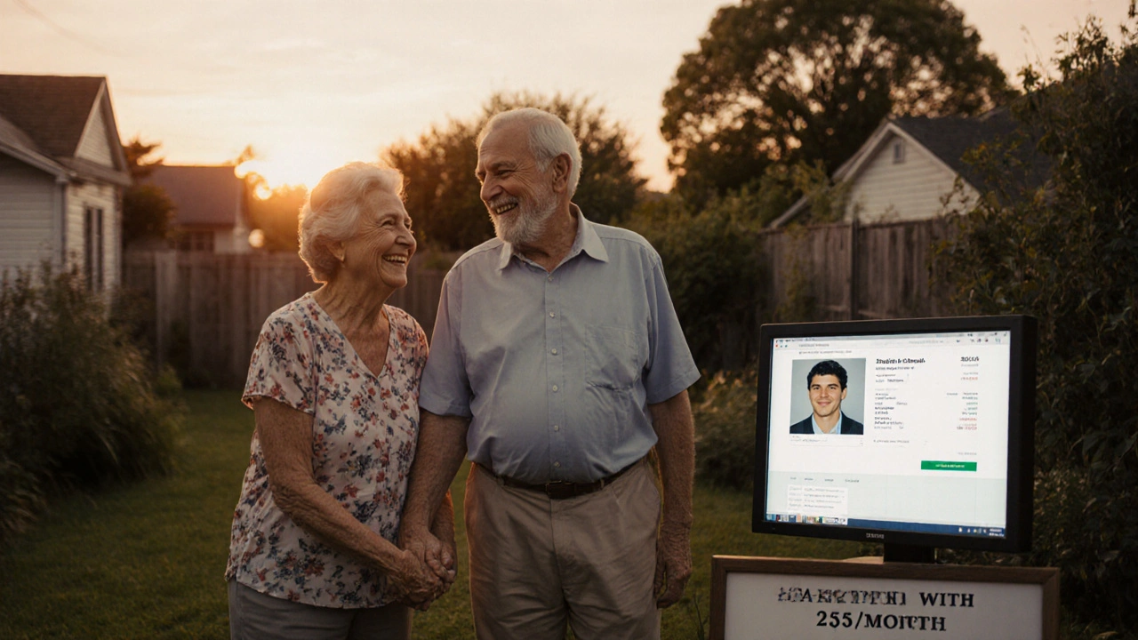 Elderly couple smiling in garden at sunset, photo of their younger selves investing in background.