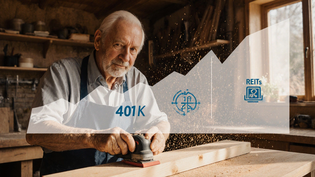Elderly man in a woodworking shop, with a transparent overlay of his lifelong investment growth.