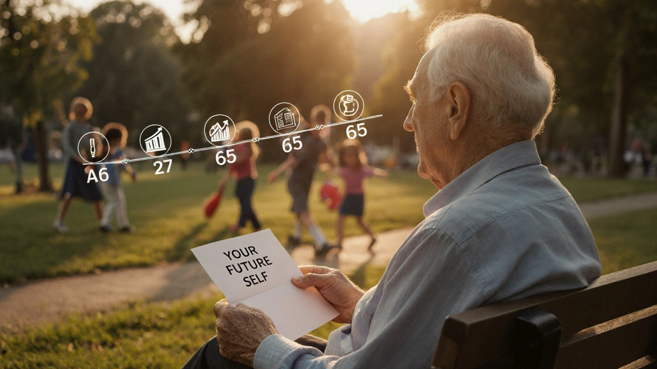 Elderly person on a park bench holding a letter from their future self, with a timeline behind them.