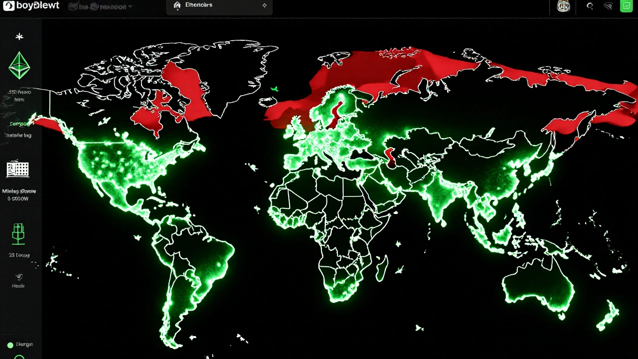 Global map with green transaction pulses on efficient blockchains, fading red Bitcoin hubs in background, energy comparisons floating nearby.