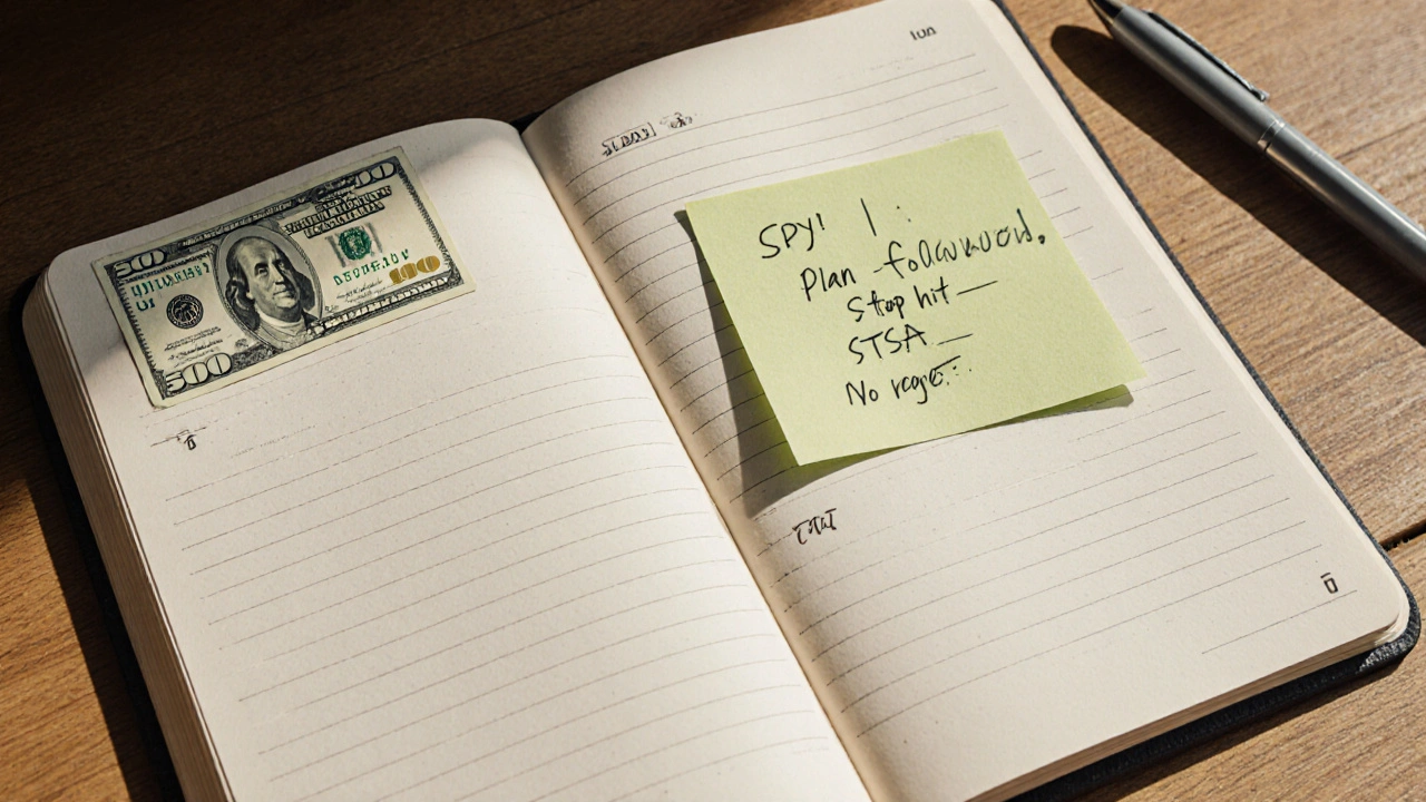 Minimalist desk setup with 0, journal, and three ETF symbols, representing simple, consistent trading.