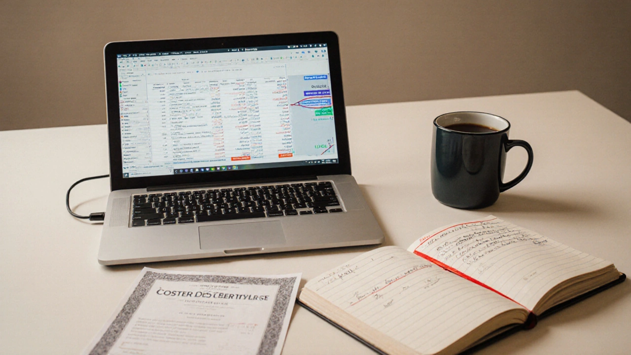 Minimalist desk with stock screener, notebook, and coffee mug showing trade logs.