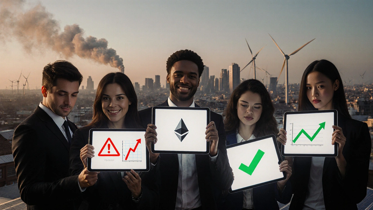 People holding tablets displaying contrasting blockchain energy impacts, with a clean city skyline behind them.