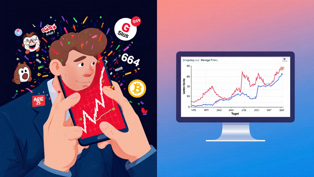 Split image: one side shows panic over meme stocks, other side shows calm growth of a target-date fund.