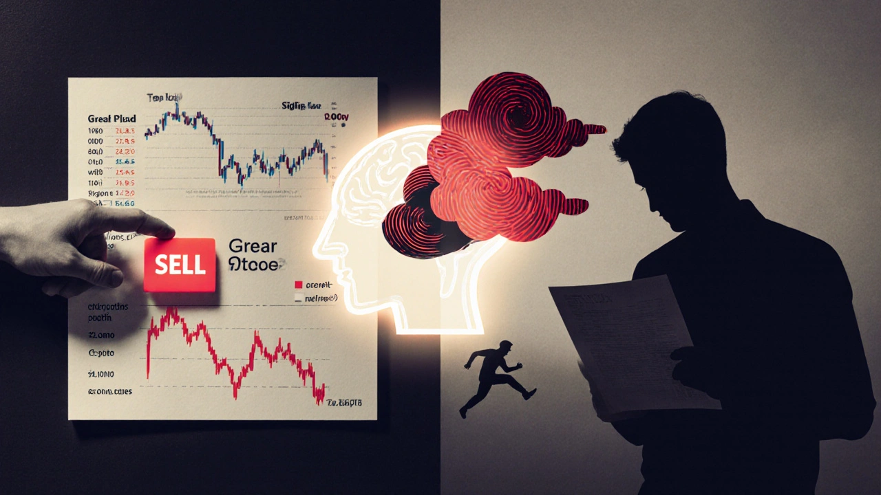 Split image showing a trader&#039;s emotional chaos versus disciplined trading with a brain diagram illustrating fear and greed.