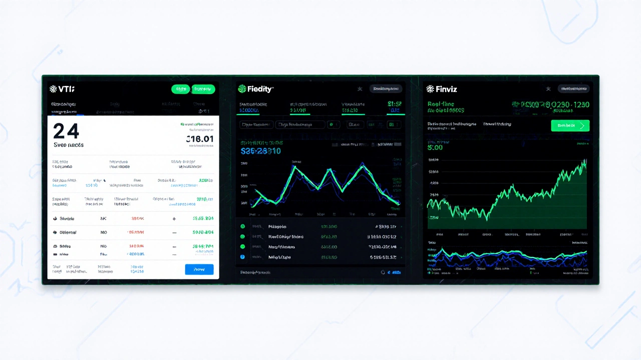 Three digital panels showing a brokerage app, portfolio tracker, and financial data tool in a dark, glowing interface.