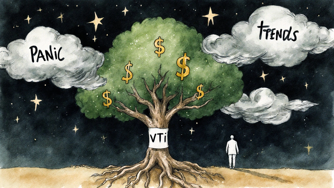 Tree growing from index fund seeds, roots as dollar signs, branches reaching into stars, storm clouds of panic in background.