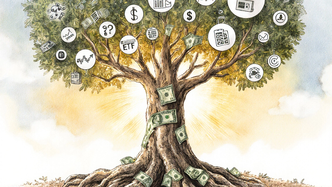 Tree with dollar bill roots and financial asset icons growing in its branches.