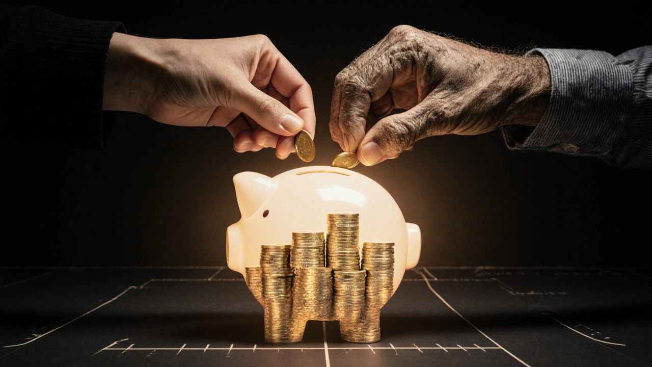 Two hands depositing coins into a piggy bank that becomes a glowing vault of growing wealth over time.
