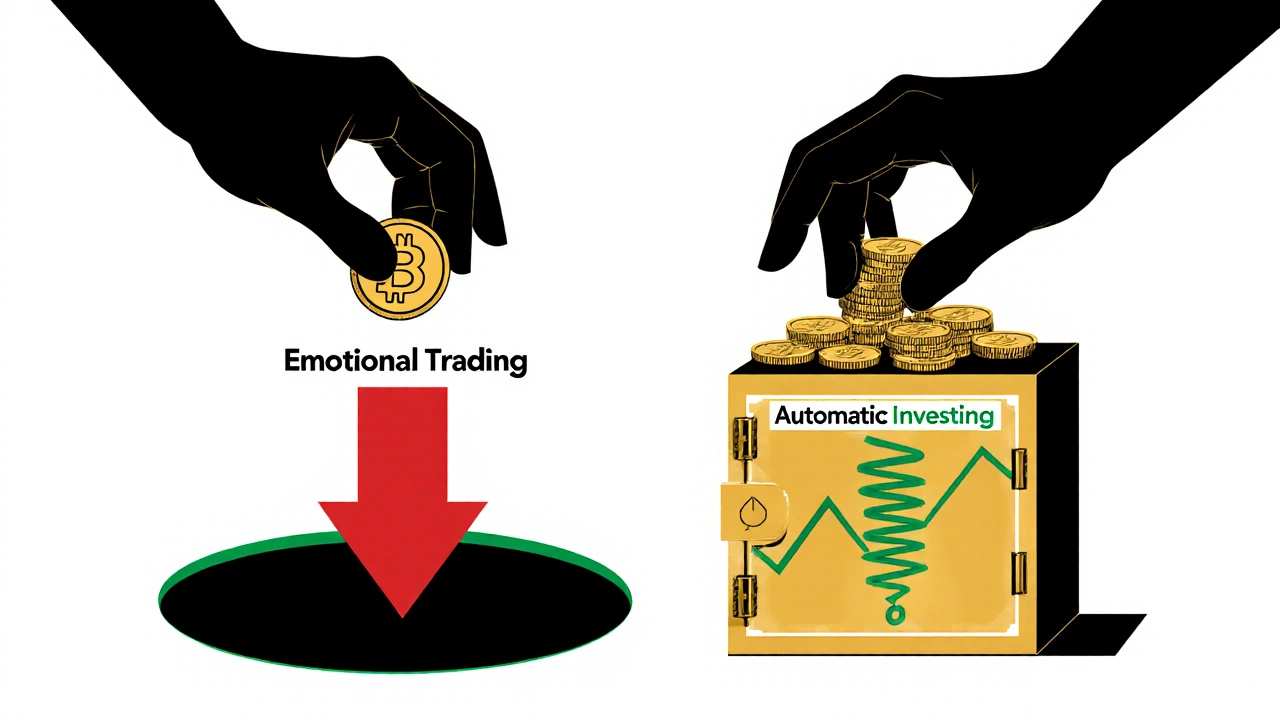 Two hands: one dropping coin into a red &#039;emotional trading&#039; hole, the other feeding gold coins into a glowing vault with rising green line.