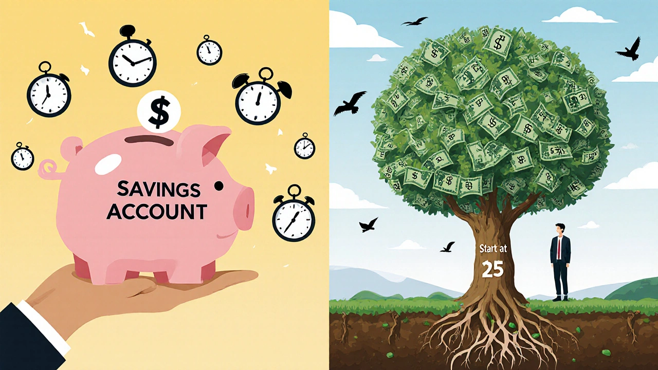Two parallel paths showing savings vs. compound growth, with a tree of money symbolizing early investing.