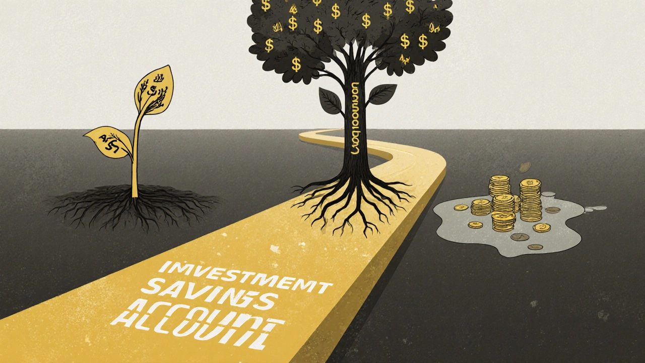 Two symbolic paths: one growing into a tree of compound growth, the other fading into a stagnant puddle.