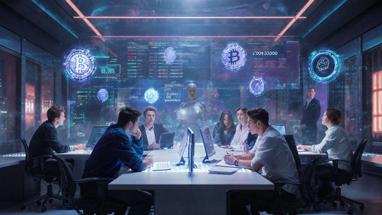 Young investors interacting with holograms of tokenized stocks and decentralized financial assets in a modern trading space.