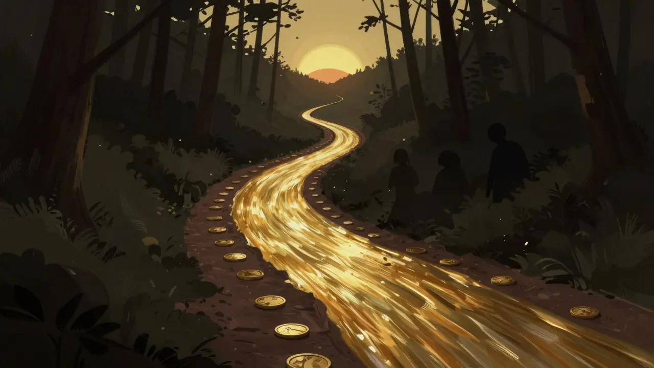 A golden path of coins winds through a forest toward a sunrise, symbolizing long-term investment growth.
