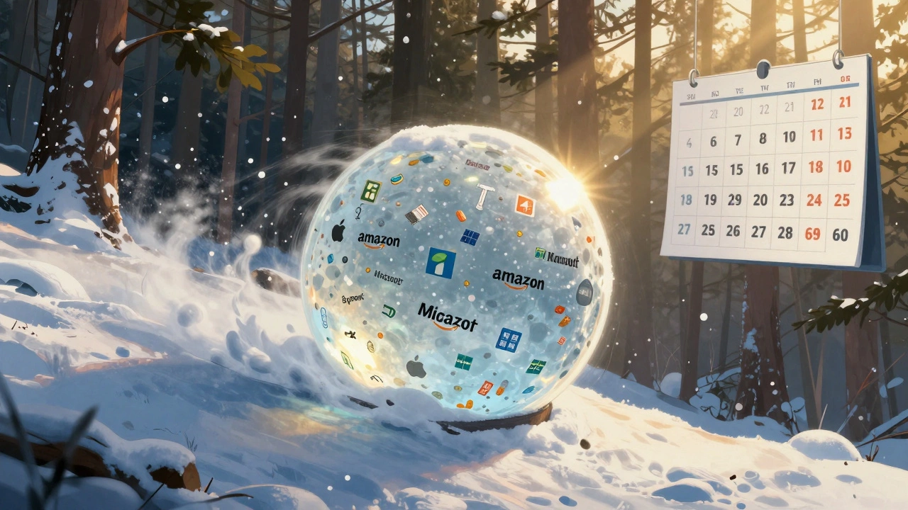 A growing snowball made of stocks rolling down a hill, symbolizing compound growth over time.