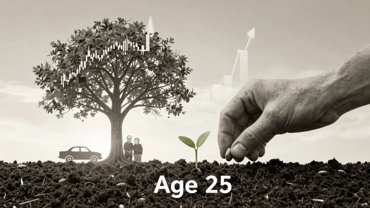 A single seed planted at age 25 grows into a tree representing long-term financial freedom and security.