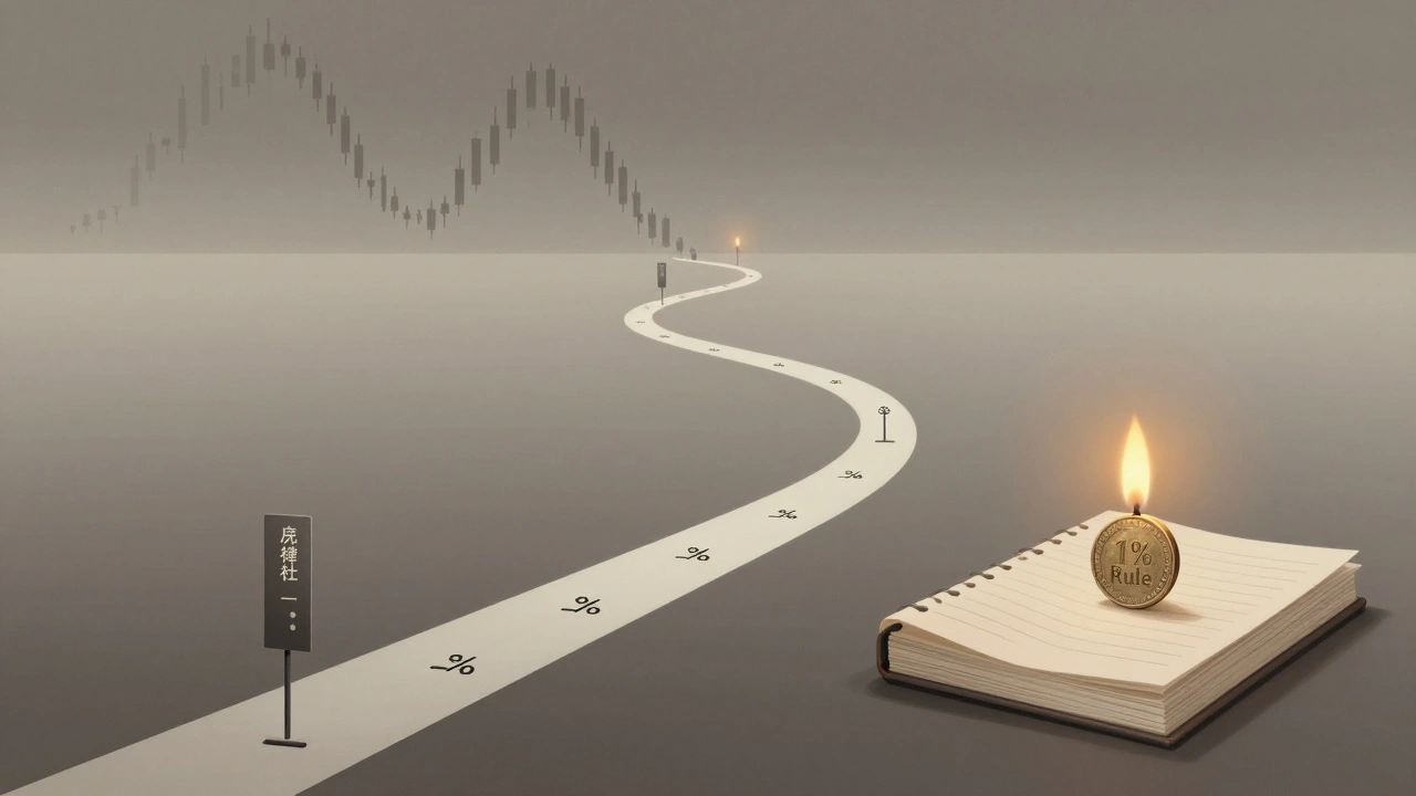 A symbolic path of candlesticks and risk rules leading to calm success through discipline.