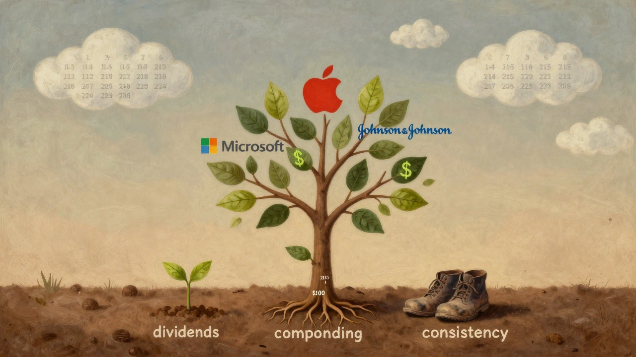 A tree growing from a 0 seed, with company logos as branches and dividend leaves under a timeline.