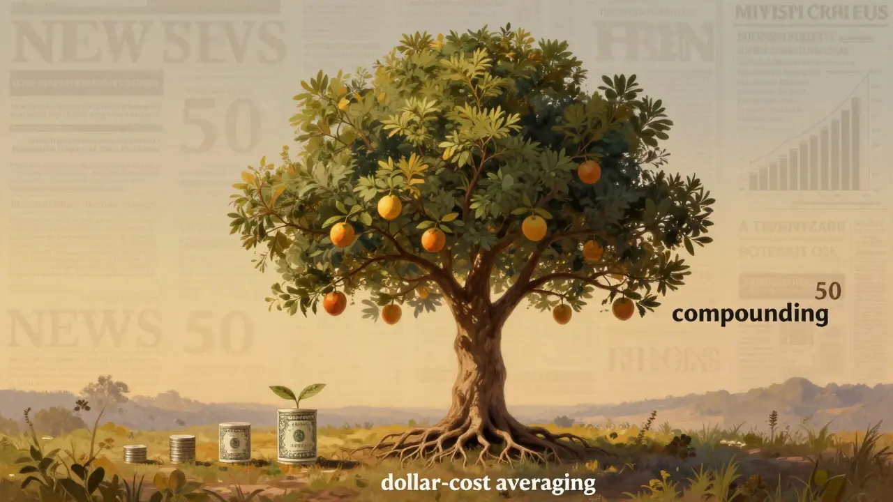 A tree growing from monthly  deposits, symbolizing compound growth over time.