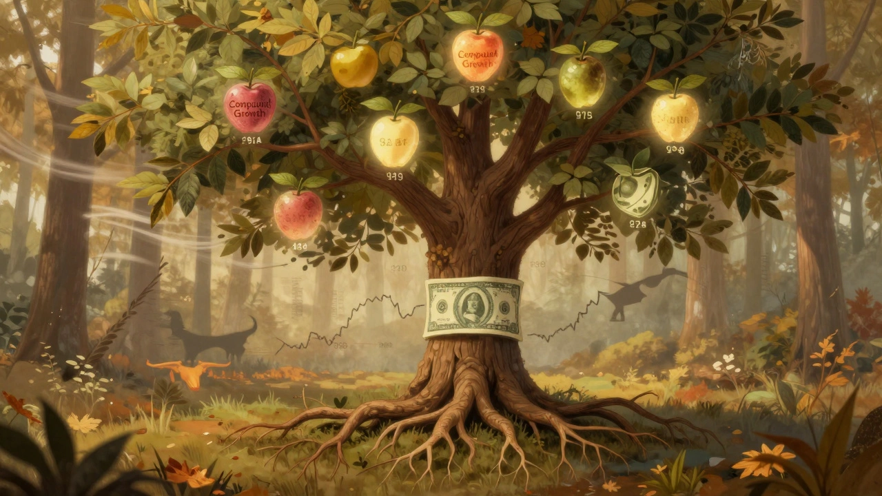 A tree with dollar bill roots and compound growth fruit, symbolizing long-term investing.