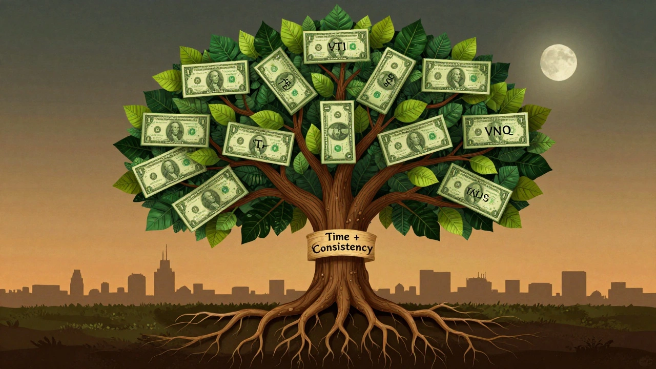 A tree with dollar bill roots and ETF symbol branches, representing long-term compound growth through consistent investing.