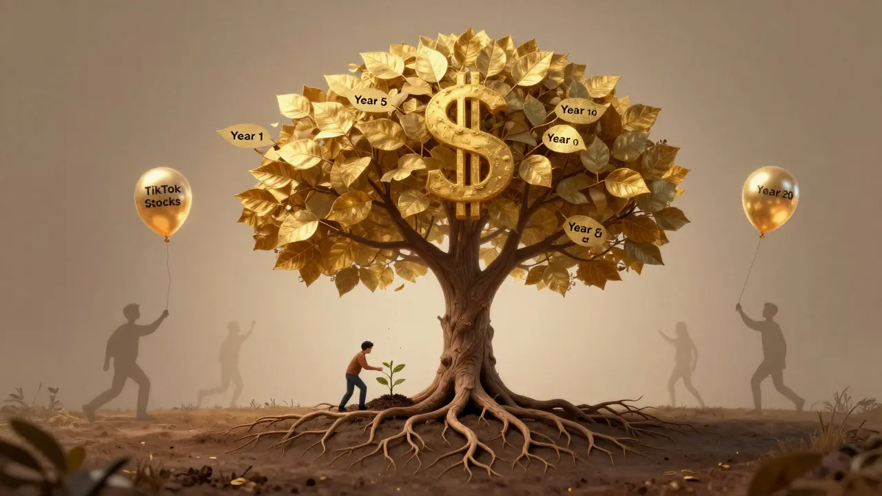 A tree with dollar-sign roots growing golden leaves over 20 years, symbolizing compounding wealth from small starts.