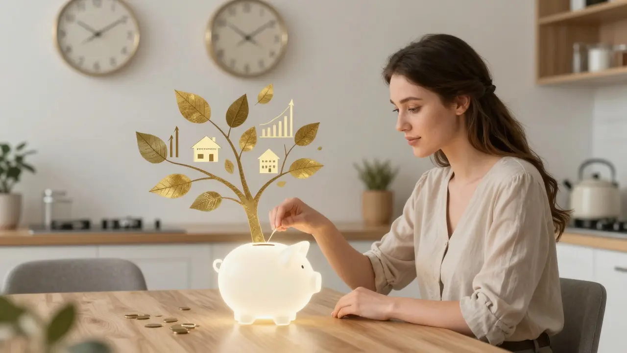 A woman depositing money into a piggy bank that grows into a tree with stock chart leaves and retirement homes.