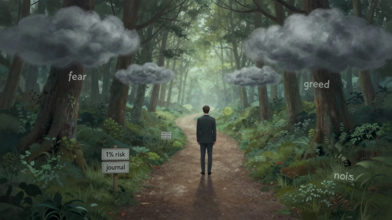 An abstract forest path representing disciplined trading habits amid emotional storms.