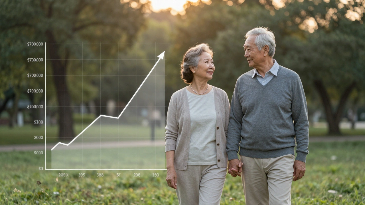 An elderly couple walking in a park, with a transparent investment growth chart behind them.