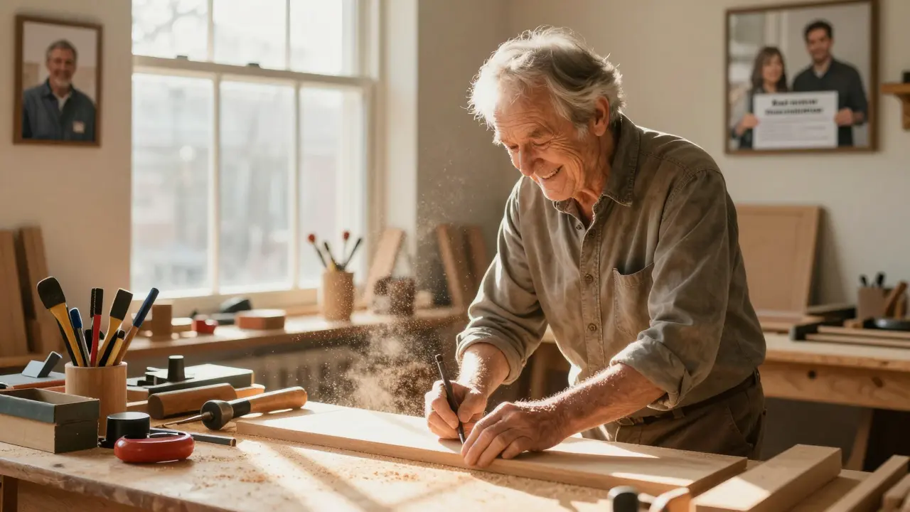 An older person happily working in a woodworking shop, symbolizing freedom through purpose.