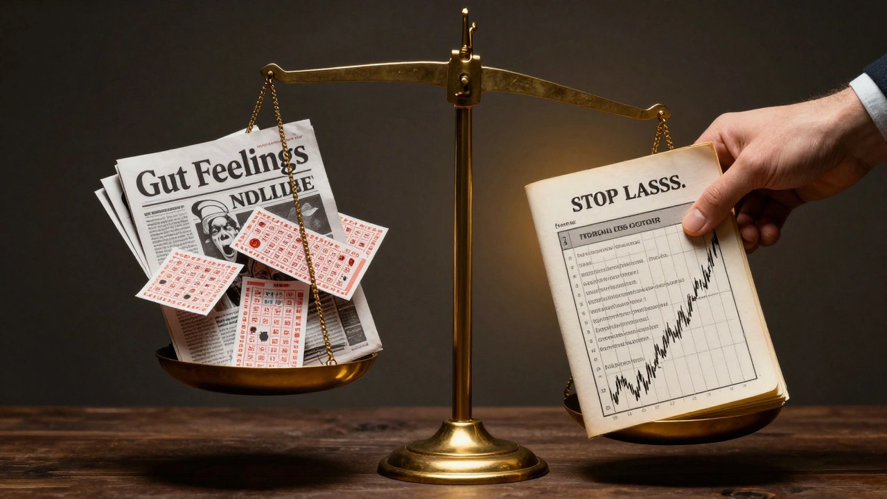 Balance scale contrasting chaotic gambling symbols with disciplined trading tools like a journal and chart.