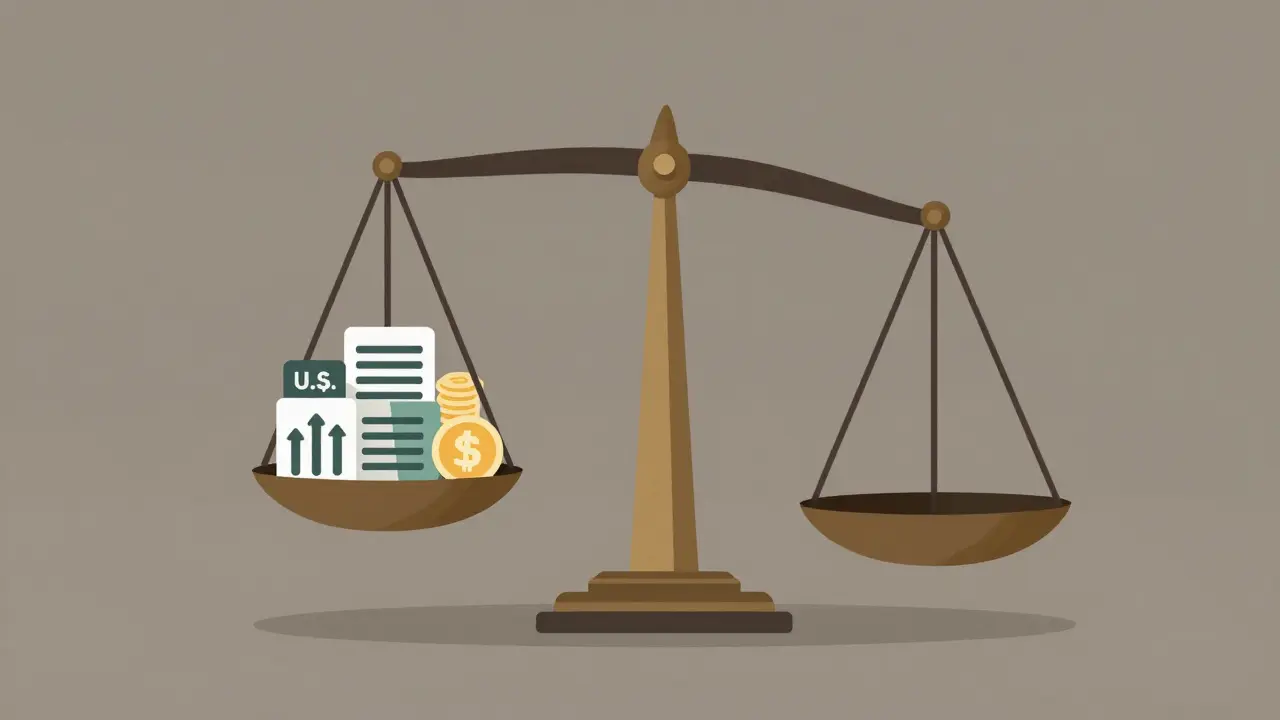 Balanced scale showing diversified stocks and bonds versus no high-fee funds.