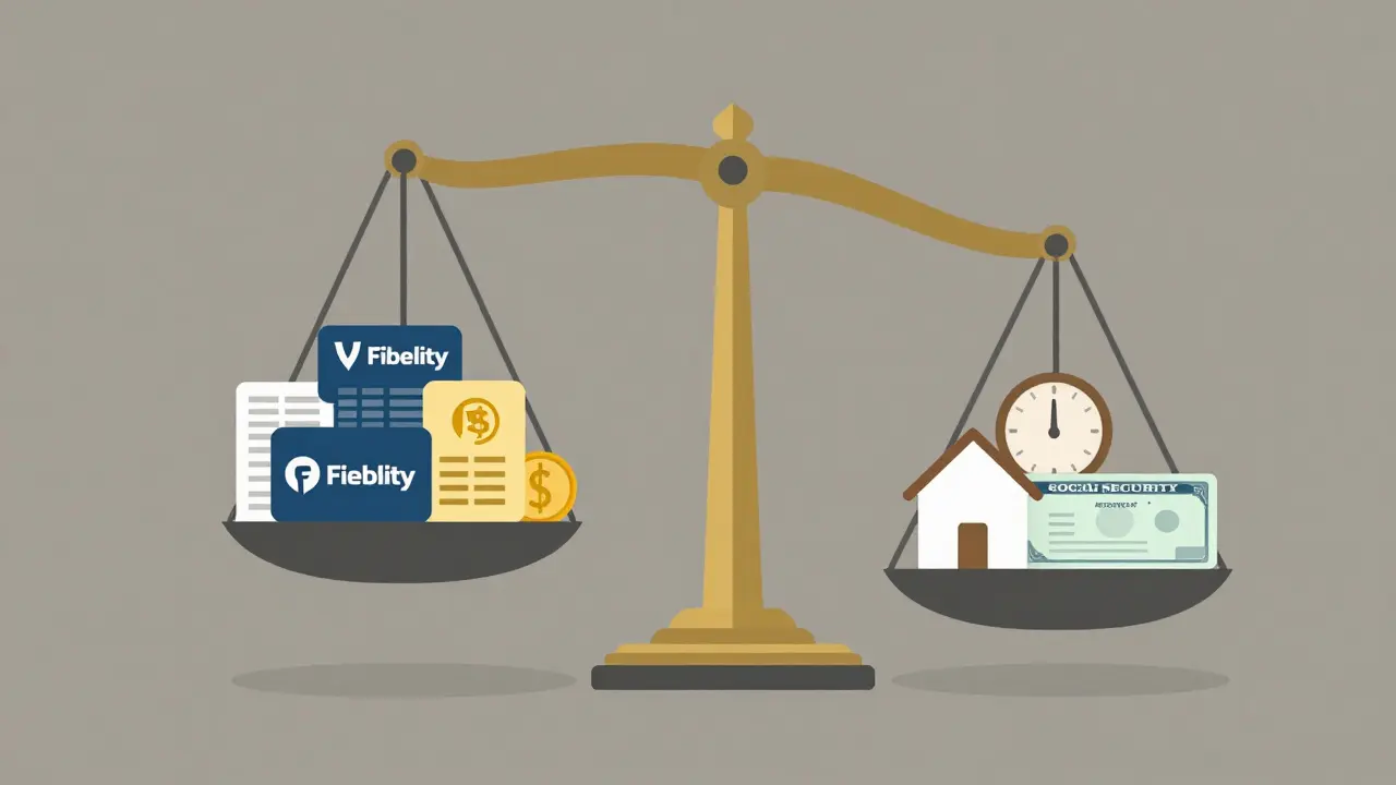 Balanced scale showing index funds, REITs, bonds, clock, house, and Social Security check.