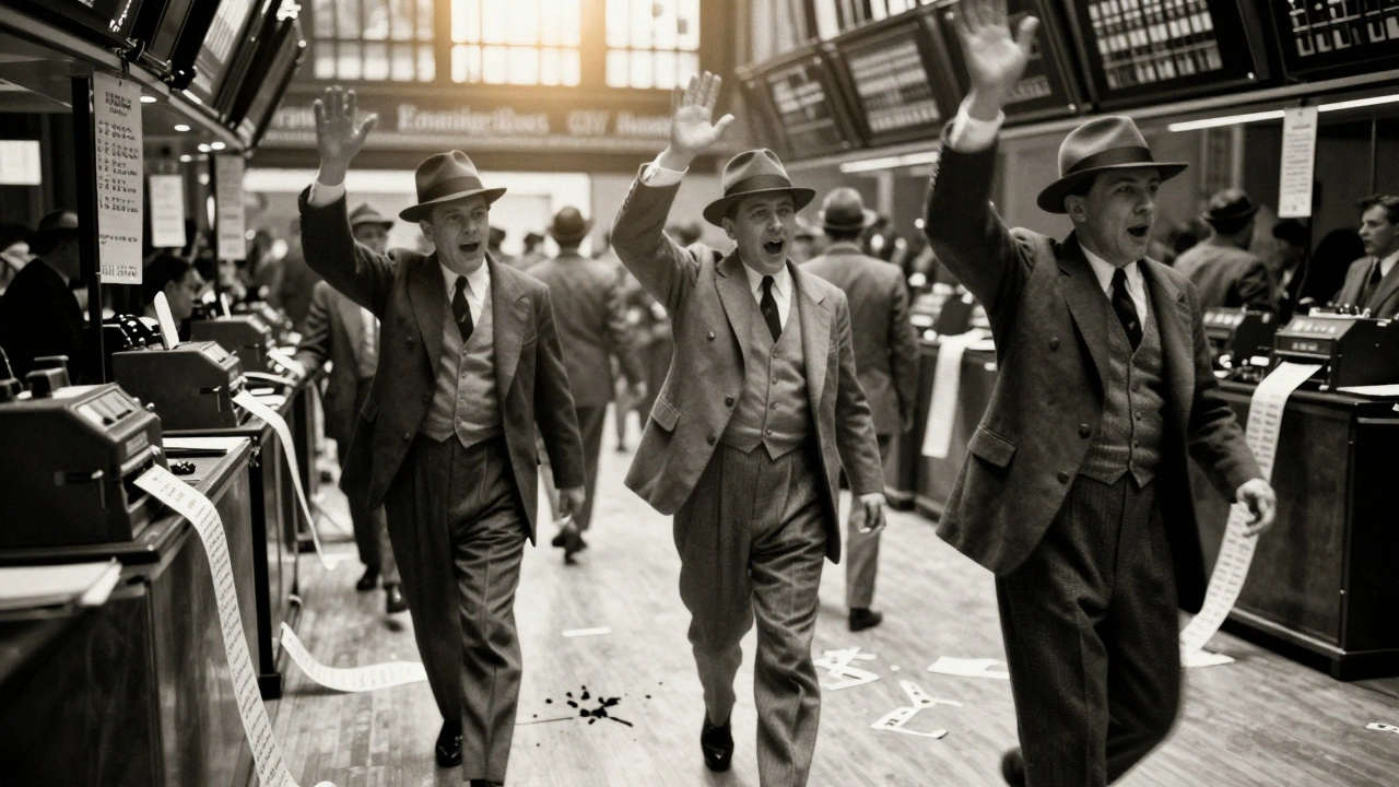 Chaotic 1920s NYSE trading floor with brokers using hand signals and ticker tape.