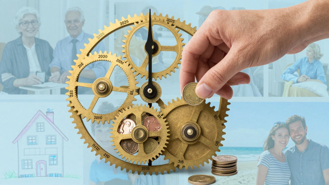 Coin entering a clock mechanism where gears represent years, showing compounding wealth over time.