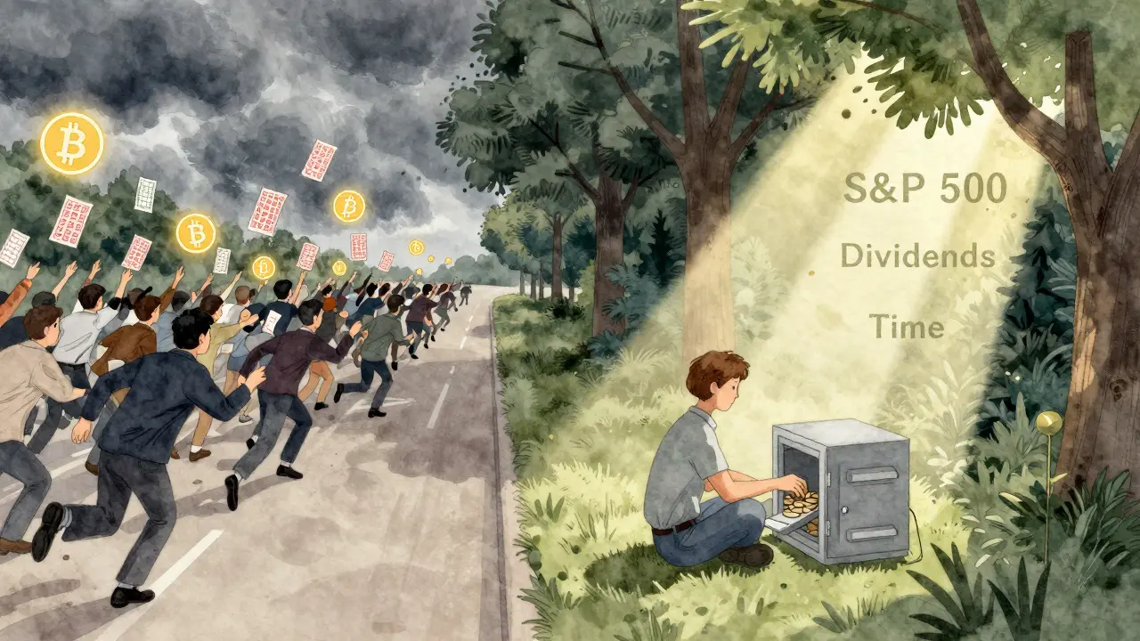 Contrasting paths: chaotic speculation on one side, calm consistent investing on the other, symbolizing wealth building.